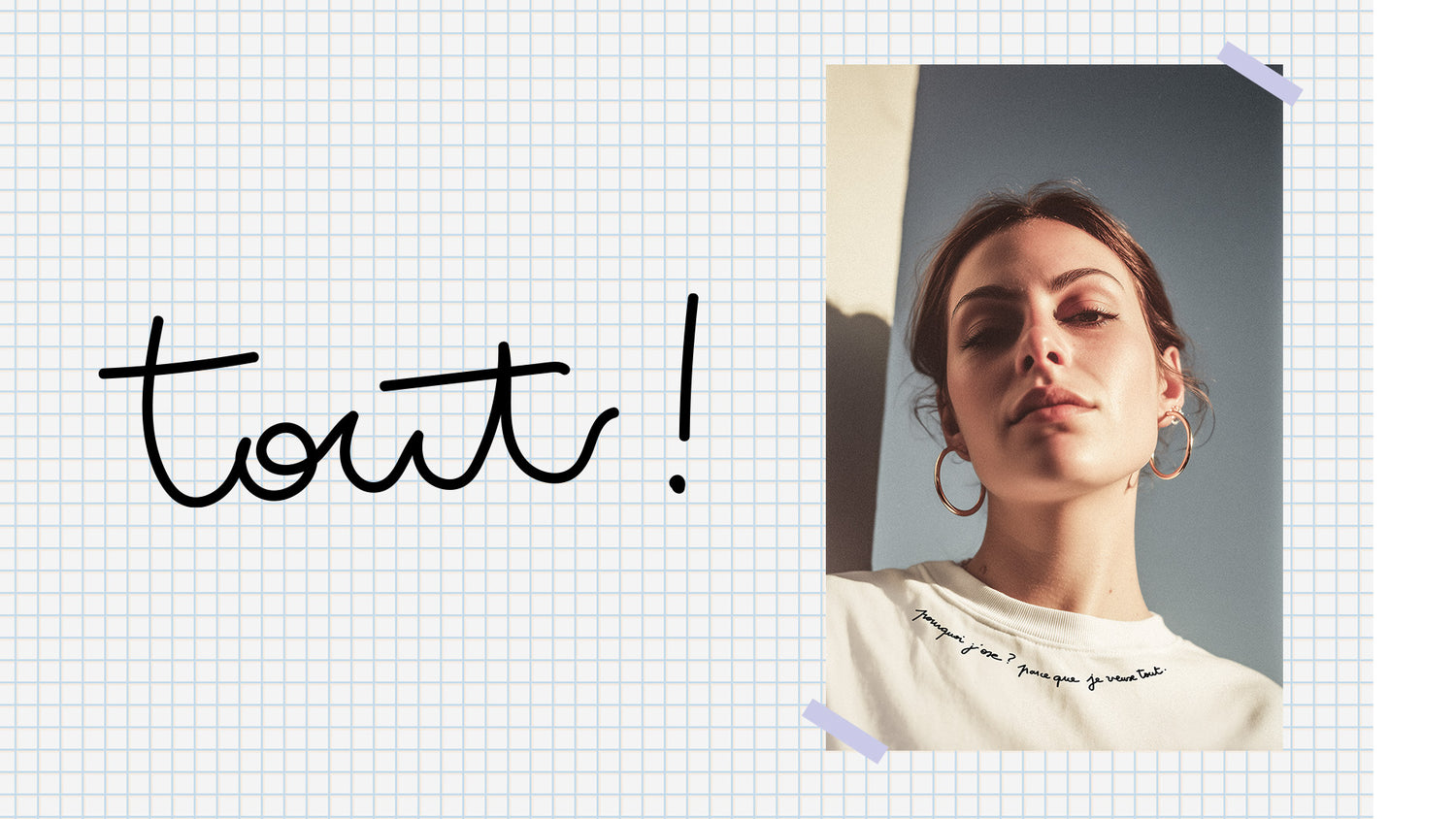 Bannière visuelle affichant le mot « Tout » et portant un tee-shirt modèle Marylin